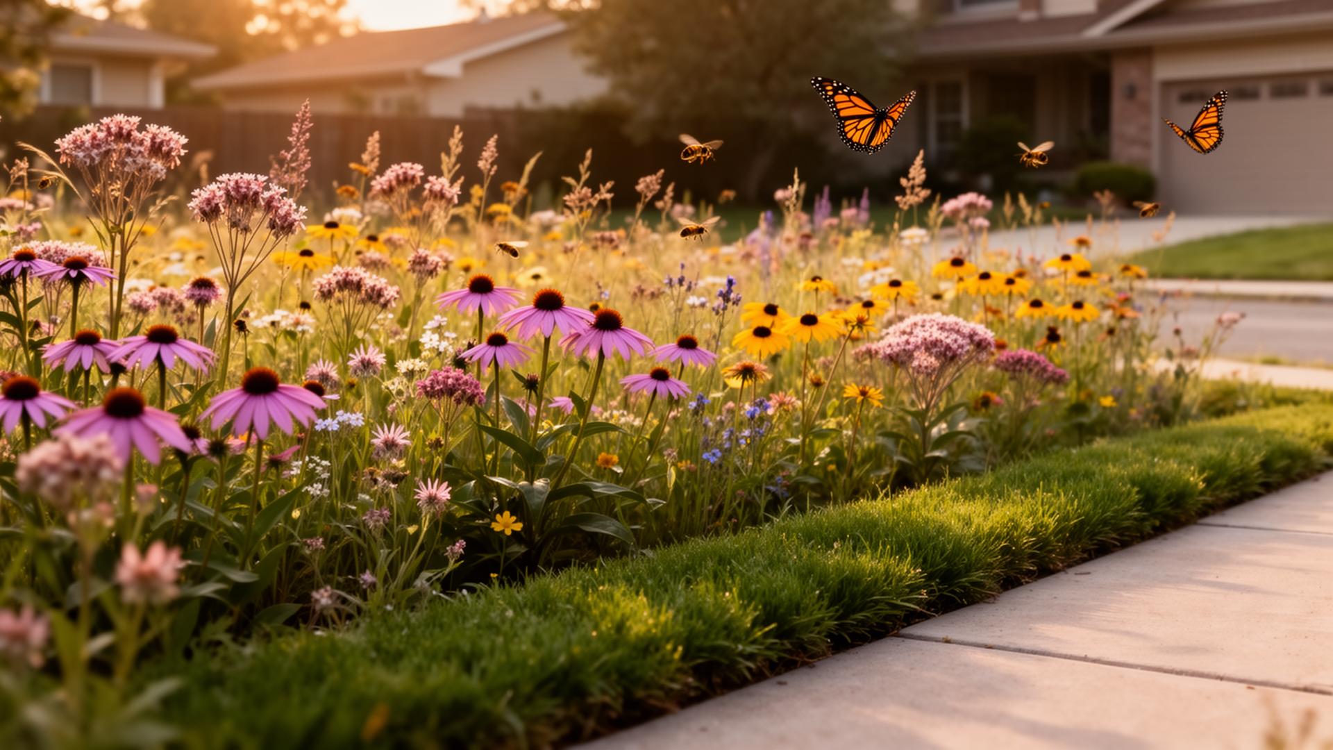 A suburban front-yard native wildflower meadow with coneflowers, black-eyed susans, milkweed, monarch butterflies, and bees β with a neatly mowed border edge along the sidewalk.